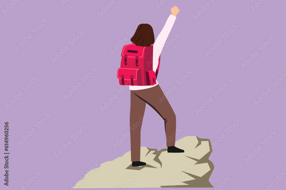 Cartoon flat style drawing climber woman stands with arms outstretched on top of mountain. Winner motivational logo. Tourist with backpack. Traveler in summer rocks. Graphic design vector illustration Cartoon flat style drawing climber woman stands with arms outstretched on top of mountain. Winner motivational logo. Tourist with backpack. Traveler in summer rocks. Graphic design vector illustration