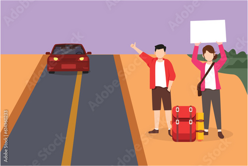 Cartoon flat style drawing of young happy couple with backpacks standing near road and hitchhiking. Man woman thumbing or hitching ride. Adventure travel, road trip. Graphic design vector illustration