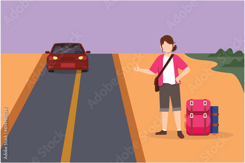 Graphic flat design drawing beautiful women with luggage and thumbs up waiting for car by roadside. Hitchhiking road travel. Vacation, holiday, and trip logo, icon. Cartoon style vector illustration