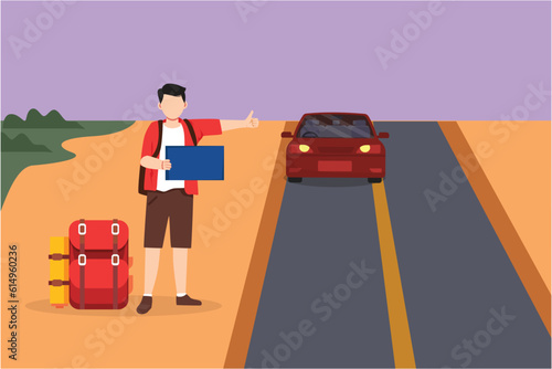 Character flat drawing hitchhiking man with luggage and thumbs up waiting for car by roadside. Young male thumbing or hitching ride. Vacation, holiday and trip icon. Cartoon design vector illustration