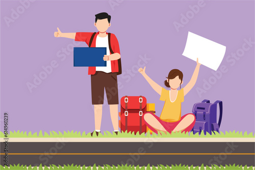 Cartoon flat style drawing hitchhiking men and women with luggage and thumbs up waiting for car by roadside. Adventure travel, road trip, tourism, holiday logo icon. Graphic design vector illustration