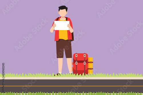 Character flat drawing of happy man traveler hitchhiking. Young tourists with backpacks trying catch car on road. Holidays adventure, tourism, travelling logo, icon. Cartoon design vector illustration