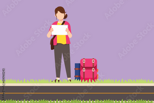 Graphic flat design drawing happy woman traveler hitchhiking logo, icon. Young tourists with backpacks trying catch car on road. Vacation, holiday, and trip concept. Cartoon style vector illustration