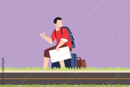 Character flat drawing young man with backpacks sitting near road and hitchhiking. Male thumbing or hitching ride. Adventure travel, road trip, tourism logo, icon. Cartoon design vector illustration
