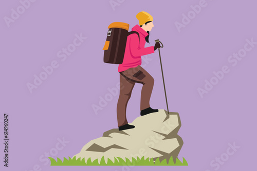Cartoon flat style drawing pretty woman climbing up cliff or mountain. Funny hikers, tourists or climbers isolated on blue background. Happy girl hiking or trekking. Graphic design vector illustration