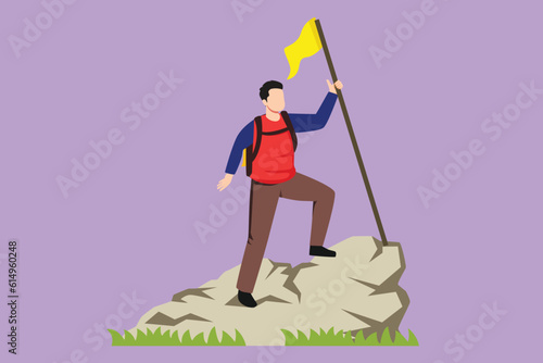 Character flat drawing backpacker, hiker, man traveler or explorer standing, holding flag and looking at nature. Hiking, backpacking, adventure tourism and travel. Cartoon design vector illustration
