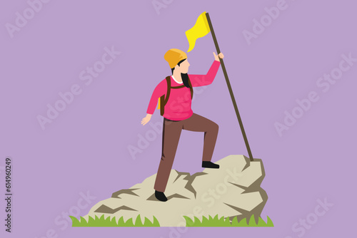 Graphic flat design drawing beautiful woman climber standing on top of mountain with flag. Young smiling mountaineer climbing on rock. Adventure tourism trip symbol. Cartoon style vector illustration