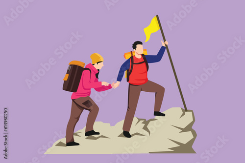 Cartoon flat style drawing young couple man and woman hikers tourists backpackers holding hands stand on hill with flag on mountains. Vacation trip recreation icon. Graphic design vector illustration