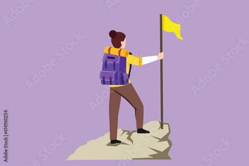 Character flat drawing young pretty girl with backpack standing on top of mountain, female climber reached the summit, summer holidays adventure logo, icon, symbol. Cartoon design vector illustration