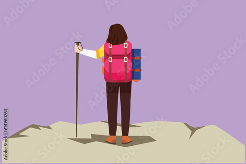 Graphic flat design drawing back view of beautiful woman with backpack standing on top of the mountain. Young cute female mountaineer climbing on rock. Highest point. Cartoon style vector illustration