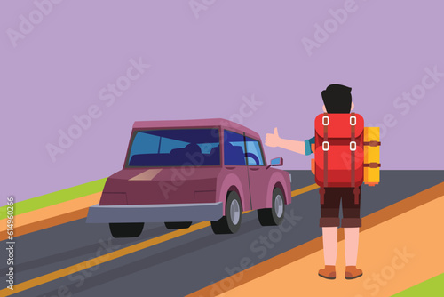 Character flat drawing back view of man with big backpack stopped ride by thumbing. Hitchhiking road travel logo icon. Vacation and trip concept for banner, website. Cartoon design vector illustration