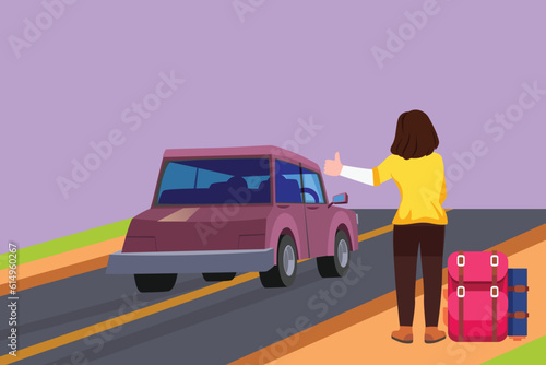 Graphic flat design drawing back view of woman with backpack traveling by auto stop. Car, thumb up, road. Vacation and trip concept for banner, icon, logo, website. Cartoon style vector illustration
