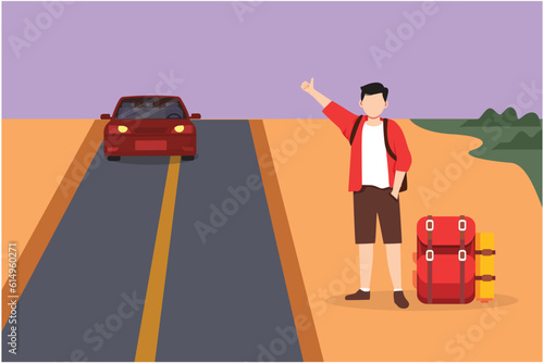 Cartoon flat style drawing hitchhiking man with luggage and thumbs up waiting for car by roadside. Smiling man thumbing or hitching ride. Vacation, holiday and trip. Graphic design vector illustration