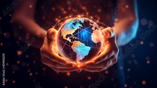 Close up of human hands holding Earth planet and connection lines