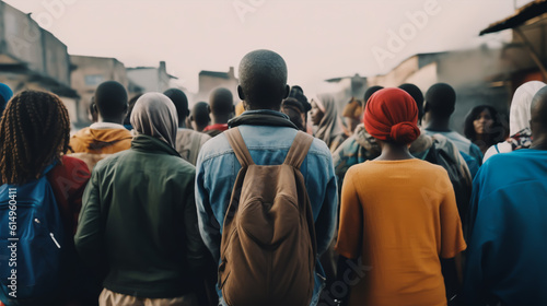 Rear view of a group of young people walking in the city