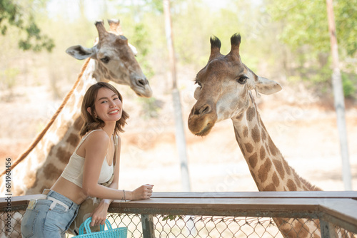 Happy young woman smiling with perfect smile feeding giraffe in zoo. Tourist girl enjoying a trip with cute giraffe and animals safari park on warm summer day in wild animals zoo park.