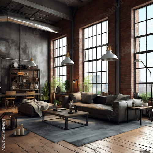 Living room loft in industrial style  3d render ai generated
