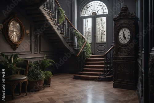 Staircase with planter, clock, windows, and door. Generative AI