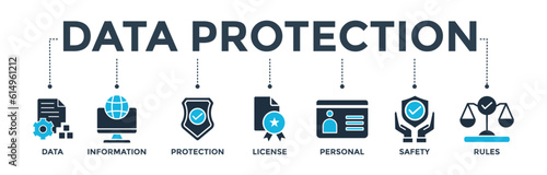 Data protection banner web icon vector illustration concept with icon of data, information, protection, license, personal, safety and rules