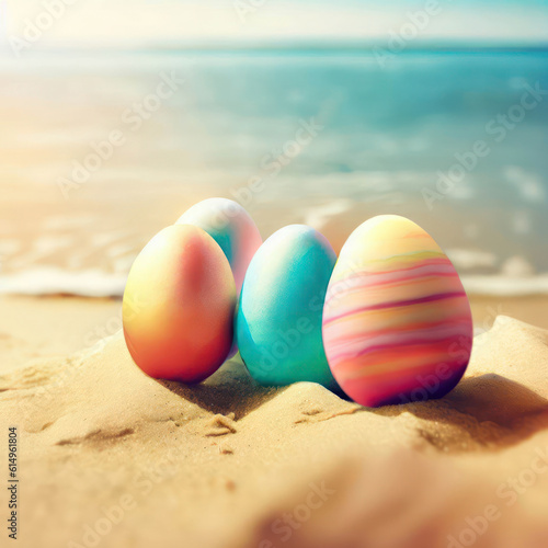 Easter eggs on the beach.Generative AI
