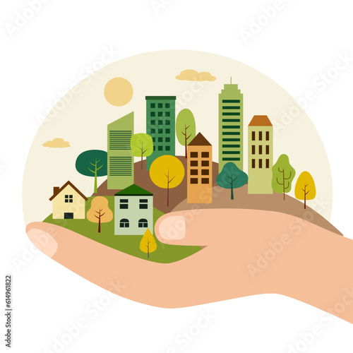 Hand holding green city in flat design. Eco city concept vector illustration.