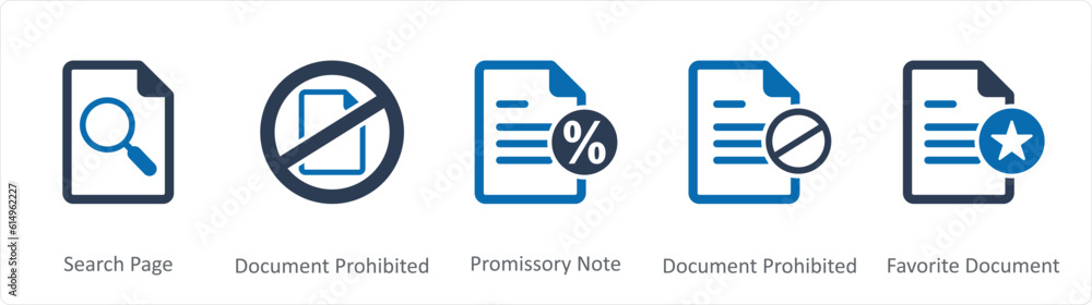 A set of 5 Document icons as search page, document prohibited, promissory note A set of 5 Document icons as search page, document prohibited, promissory note