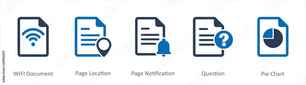A set of 5 Document icons as wifi document, page location, page notification A set of 5 Document icons as wifi document, page location, page notification