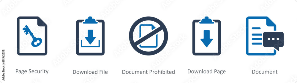 A set of 5 Document icons as page security, download file, document prohibited A set of 5 Document icons as page security, download file, document prohibited