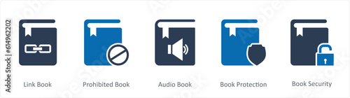 A set of 5 Document icons as link folder, prohibited book, audio book