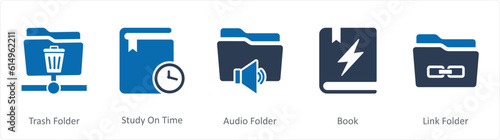 A set of 5 Document icons as trash folder, study on time, audio folder