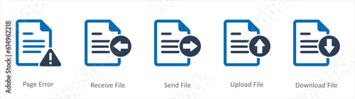 A set of 5 Document icons as page error, receive file, send file 