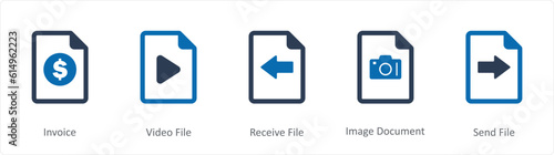 A set of 5 Document icons as invoice, video file, receive file