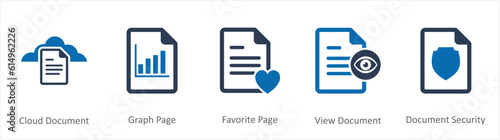 A set of 5 Document icons as cloud document, graph page, favorite page