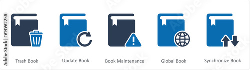 A set of 5 Document icons as trash book, update book, book maintenance