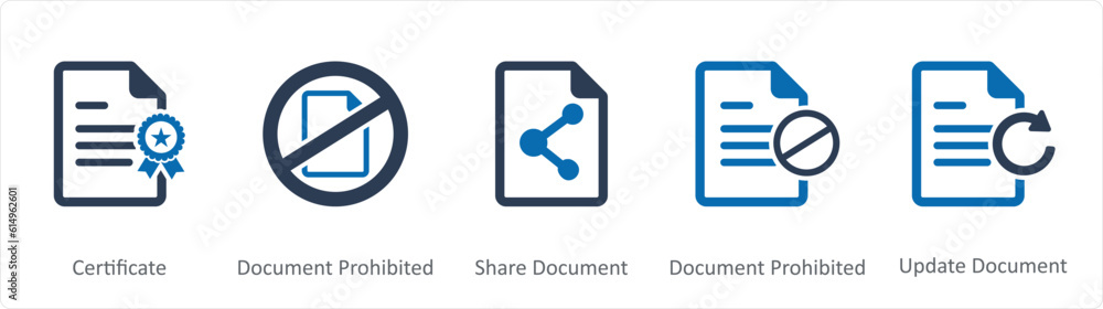 A set of 5 Document icons as certificate, document prohibited, share document A set of 5 Document icons as certificate, document prohibited, share document