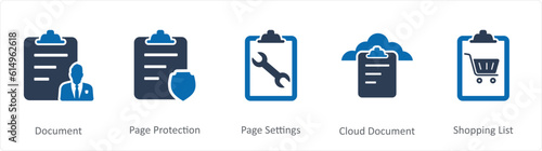 A set of 5 Document icons as document, page protection, page settings