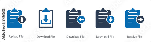 A set of 5 Document icons as upload file, download file, receive file 