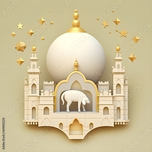 Happy Eid Al Adha Mubarak. Cute sheep, gold crescent, star, mosque, box present, cloud, podium 3d illustration. 