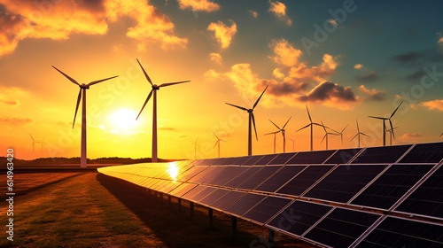Solar panels with wind turbines and wind farms in the background. Renewable energy and green technology.