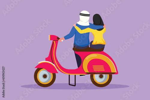 Character flat drawing back view of riders couple trip travel relax. Romantic Arab couple honeymoon moments with hugging. Man with woman riding scooter motorcycle. Cartoon design vector illustration
