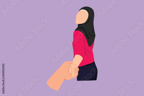 Character flat drawing woman walking on romantic honeymoon promenade holiday holding hand of husband following her, view from behind. Couple summer vacation travel. Cartoon design vector illustration