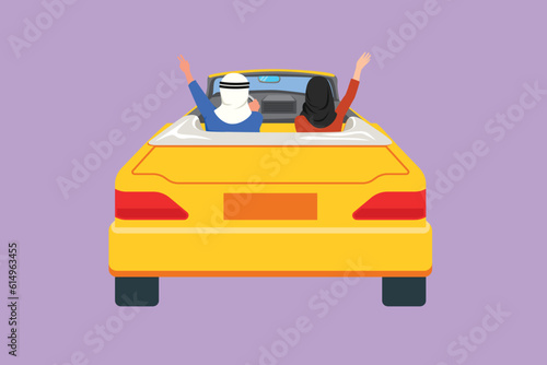 Graphic flat design drawing back view of happy couple driving cabriolet car in night cheering joyful with arms raised. Romantic Arabian couple summer vacation travel. Cartoon style vector illustration photo
