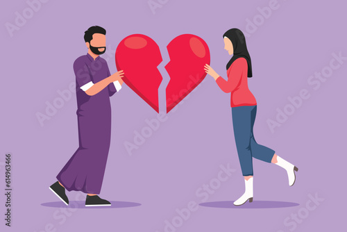Cartoon flat style drawing lovers broken heart. Arab man and woman pulled apart causing each other feel great sorrow, couple in disagreement at end of relationship. Graphic design vector illustration
