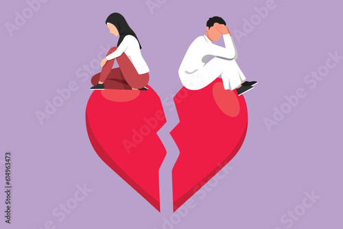 Graphic flat design drawing relationship break up, broken heart, couple facing opposite direction. Arabian man and beautiful woman sitting on big broken heart shape. Cartoon style vector illustration