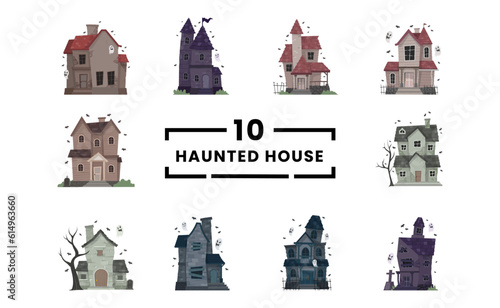 Set collection Creepy Haunted House or castle mansion Abandoned home with ghost and bat for halloween concept illustration