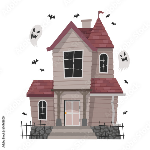 Creepy Haunted House or castle mansion Abandoned home with ghost and bat for halloween concept illustration