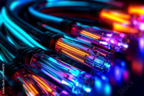 close up of fiber optic cables in data center with colorful bokeh