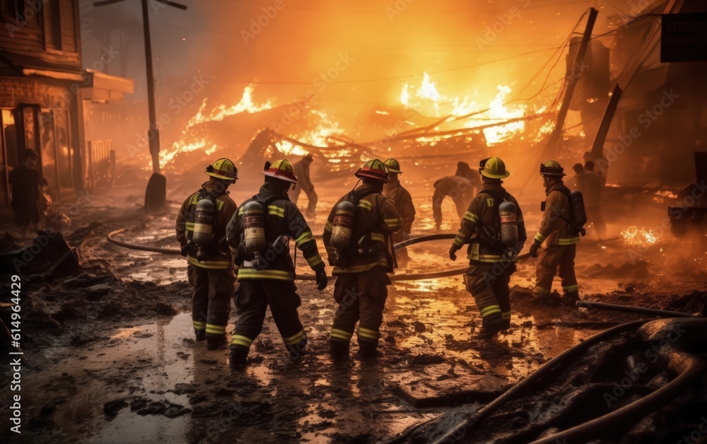Firefighters fighting a fire in a burning building with smoke and flames, Generative AI Firefighters fighting a fire in a burning building with smoke and flames, Generative AI