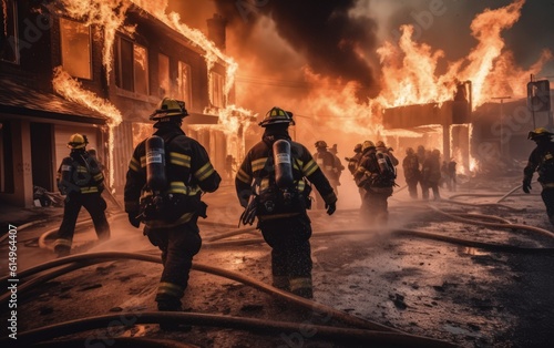 Firefighters fighting a fire in a burning building with smoke and flames, Generative AI © tanatat