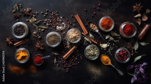 Spices and herbs in wooden spoons on dark background. Food and cuisine ingredients, Generative AI